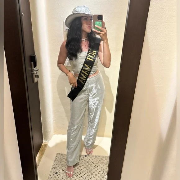 Silver crop top and trousers two piece set - Picture 2 of 2